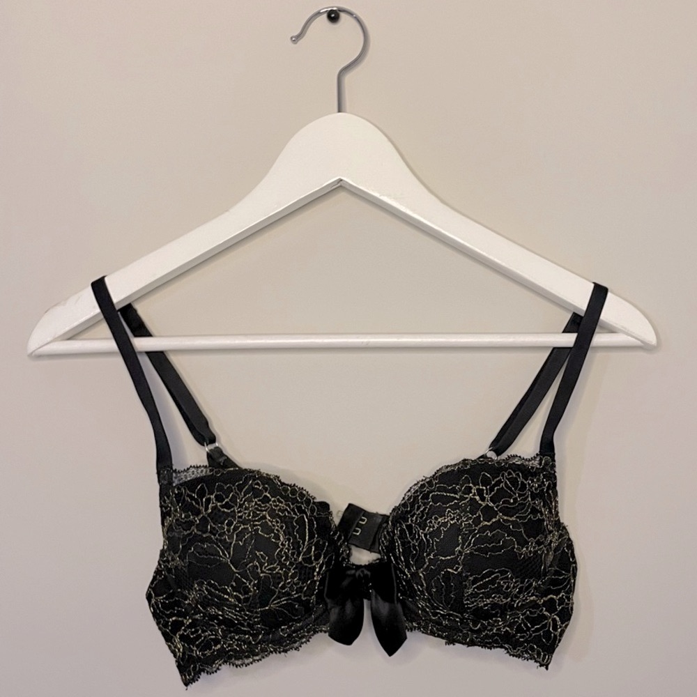 Aerie 32B Glittery Black and Gold Lace Push-Up Bra with Bow